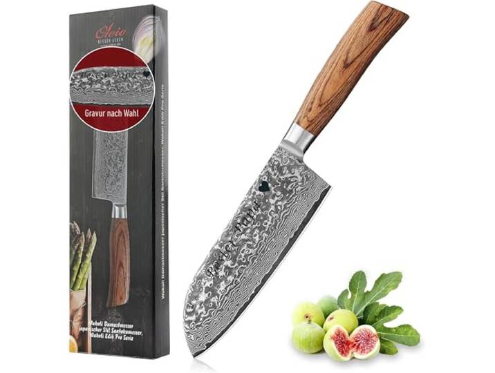 Wakoli EDIB Pro Damast Santoku Messer mit Gravur – Personalisiertes Messer, 17 cm Klinge aus 67 Lagen Damaststahl (VG10-Kern), ergonomischer Pakkaholzgriff – Profi Küchenmesser in Geschenkbox