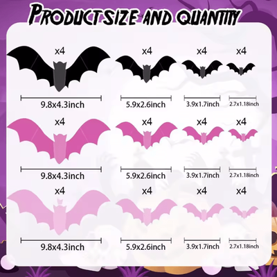 Inspire Curations 24PCS 3D Pink Halloween Bat Window Stickers Removable Wall Decals 48pcs