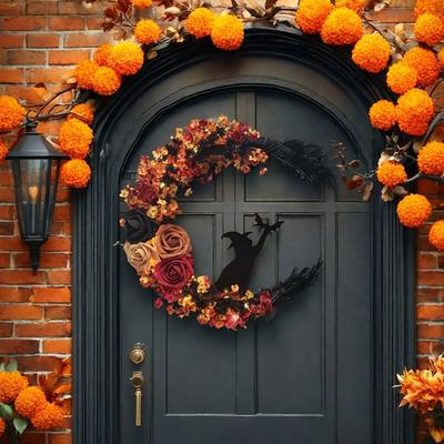 Uplift Essentials Gothic Halloween Wreath With Roses And Witch Cat Silhouette Gothic Halloween Wreath With Roses And Witch Cat Silhouette