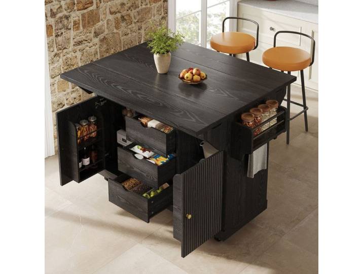 Zitty Desserte de cuisine extensible Îlot de cuisine mobile avec tiroirs 142.5x80x95cm Métal et MDF Noir