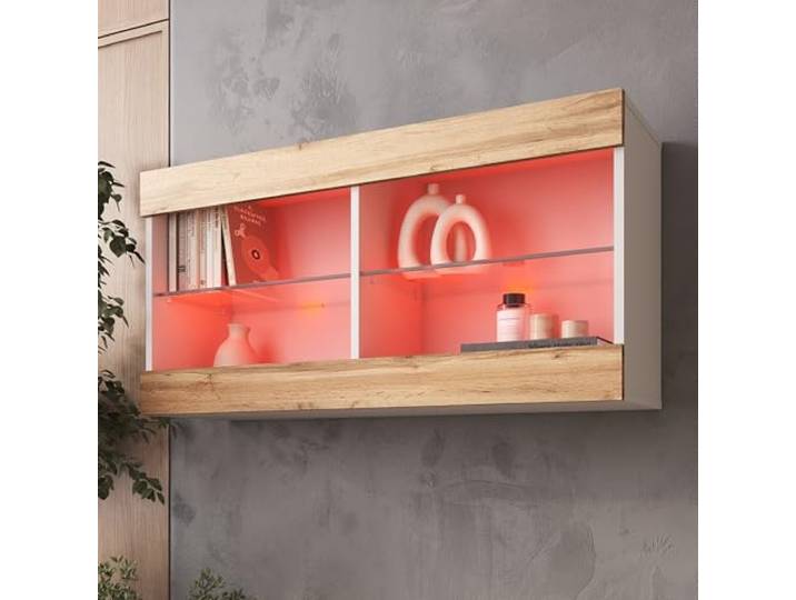 Komodee Vitrine Hängend Tivoli Horizontal A2 Wotan/Weiß 100x50x29 cm Hängende Vitrine Tivoli Horizontal, Wotan/Weiß, Breite 100cm x Höhe 50cm x Tiefe 29cm, LED RGB, 2 Regalböden