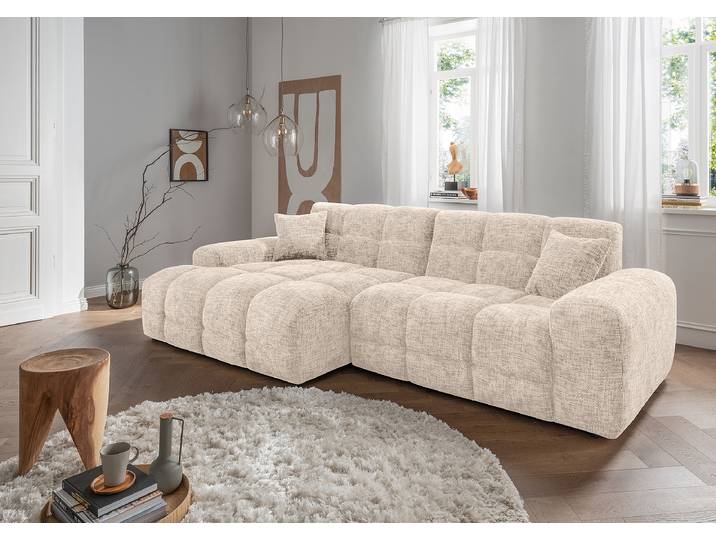 Ecksofa mit Longchair Beige Strukturstoff Ruta 301 x 87 x 152cm Longchair davorstehend links Modern