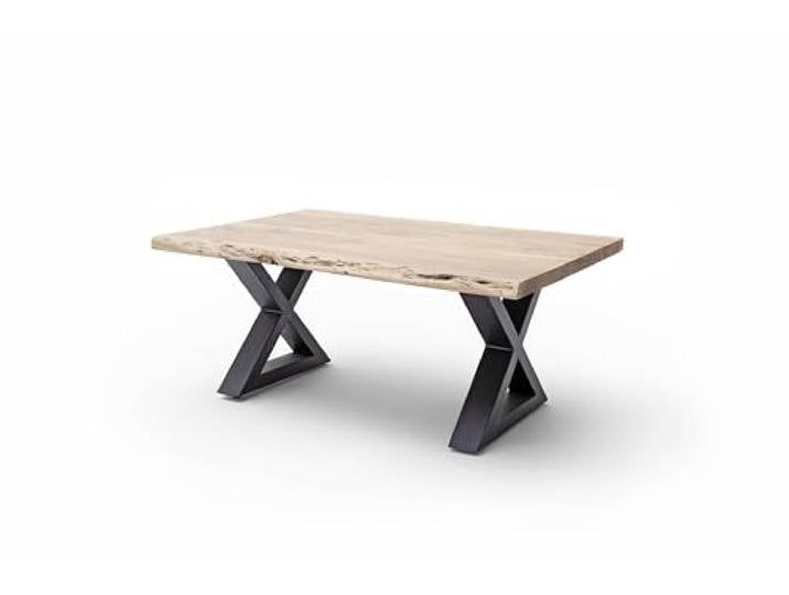 möbelando Couchtisch >Cartagena< Couchtisch 110x70 cm quadratische Natur lackierte Akazienholzplatte FSC 100% X-Kufen Metallgestell anthrazit modernes Life-Edge Design robust langlebig