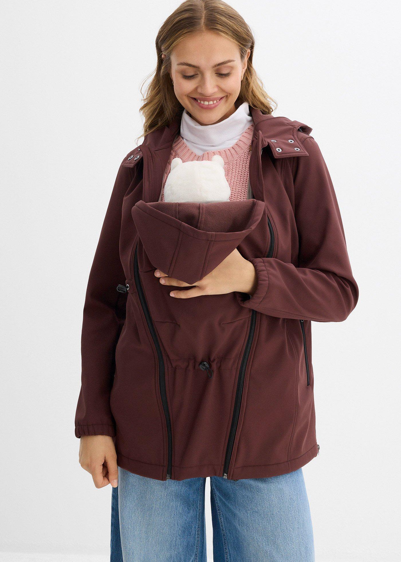 bonprix Softshell-Tragejacke / Umstandsjacke weitenregulierbar, braun, Gr.52, Praktische Jacke mit Baby-Einsatz, aus Softshell