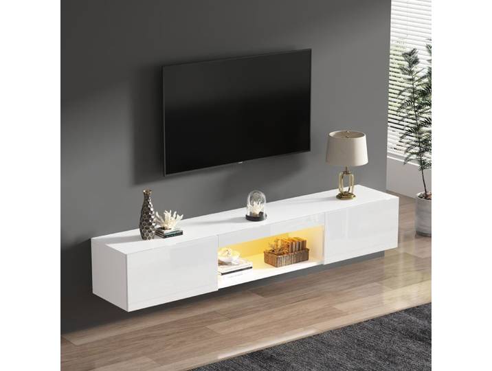 Meuble TV 160 cm 2 Portes 1 Niche LED et Passage de Câbles - MEUNIQ - Mural Laqué Brillant Salon Blanc