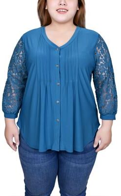 NY COLLECTION Lace-Sleeve V Neck Top