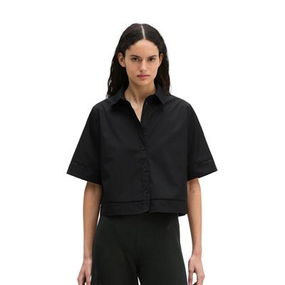 Kurzarmbluse MARC O'POLO "aus Premium-Popeline", Damen, Gr. 44, schwarz, Obermaterial: 100% Baumwolle, unifarben, regular fit bauchfrei, Spitze, Blusen