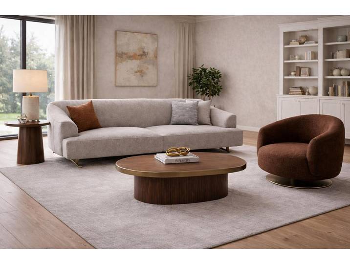 JVmoebel Polstergarnitur Designer Beiges Textilsofa Exklusiver Brauner Sessel Wohnzimmer Set, (2-tlg), Made in Europa