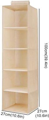 Uplift Essentials Wardrobe Hanging Storage Organizer With Collapsible Shelves beige 5 layer
