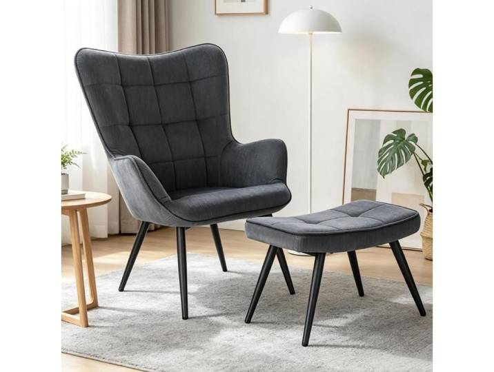 Fauteuil Relax En Velours Cotele Gris Fonce Fauteuil TV Moderne FloraGrace Pour Salon Ou Chambre Avec Repose-Pieds 50x49x97cm