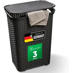 Novaliv 3 Stück Rattan Wäschekorb mit Deckel 60L Schwarz , Wäschebox Set Wäscheeimer Wäschebehälter modern für Bad Wäsche Schmutzwäsche , Wäschekörbe Schmutzwäschebehälter Sammler Korb