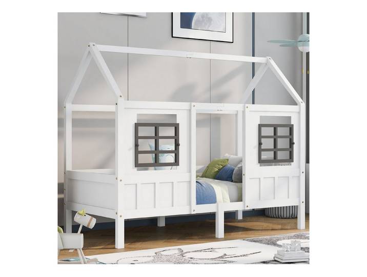 STILVORA Schublade 90x200 mit Lattenrost,Bettgestell Holzbett mit Fenstern&Dach,weiß (200x90cm, mit 2 Fenstern), Ohne Matratze