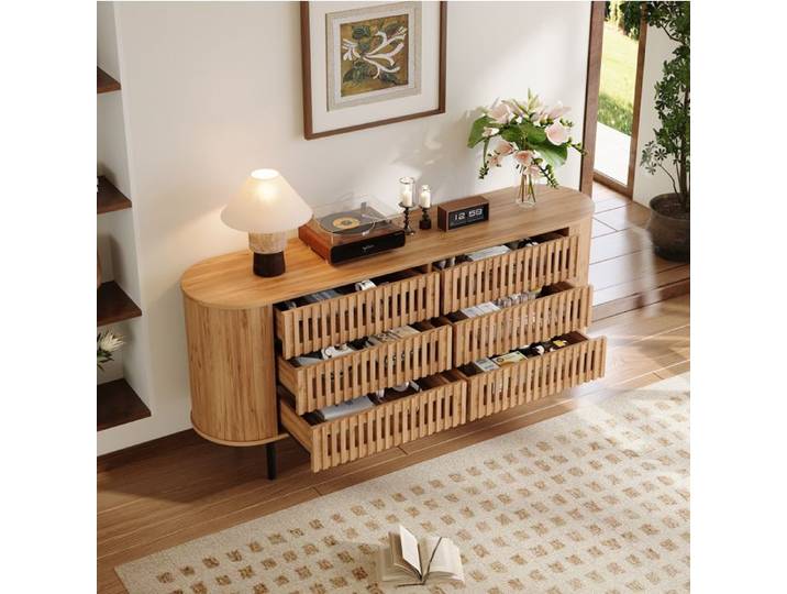 ELVORIN Buffet bas 160 x 40 x 70 cm 6 tiroirs MDF pieds métal couleur naturelle