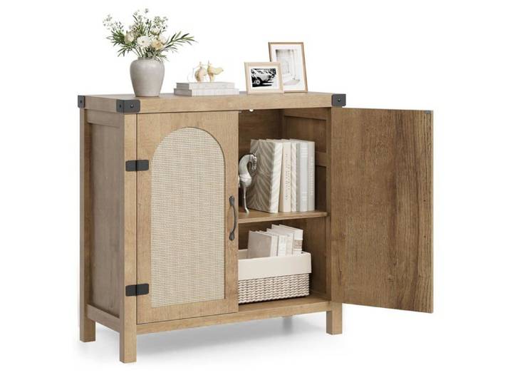 Buffet bohème en rotin - LUNSY - 2 portes - Rotin tressé à la main - 80x35x84 cm - Biege - Étagères réglables
