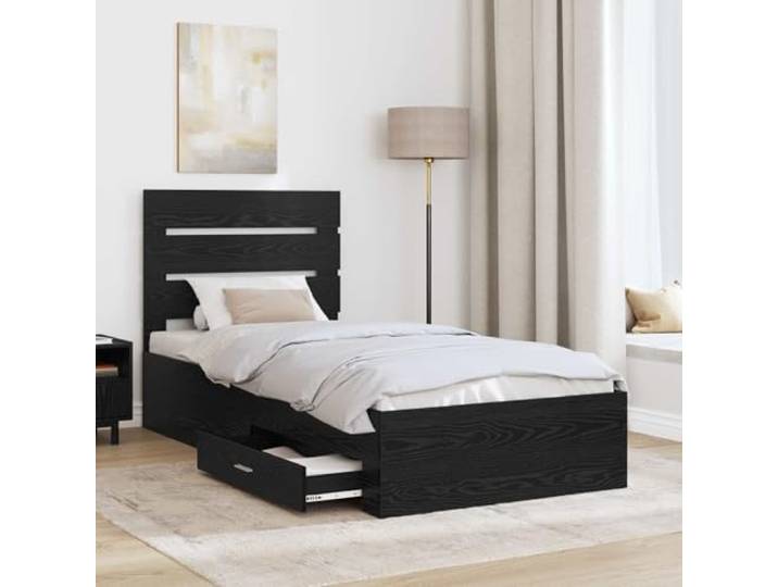 SKTQYQO Bettgestell Eiche Schwarz 90 x 200 cm Holz mehrschichtig Mit Schubladen, Kopfteil inklusive, modernes Design, einfache Wartung, Verwendung im Innenbereich