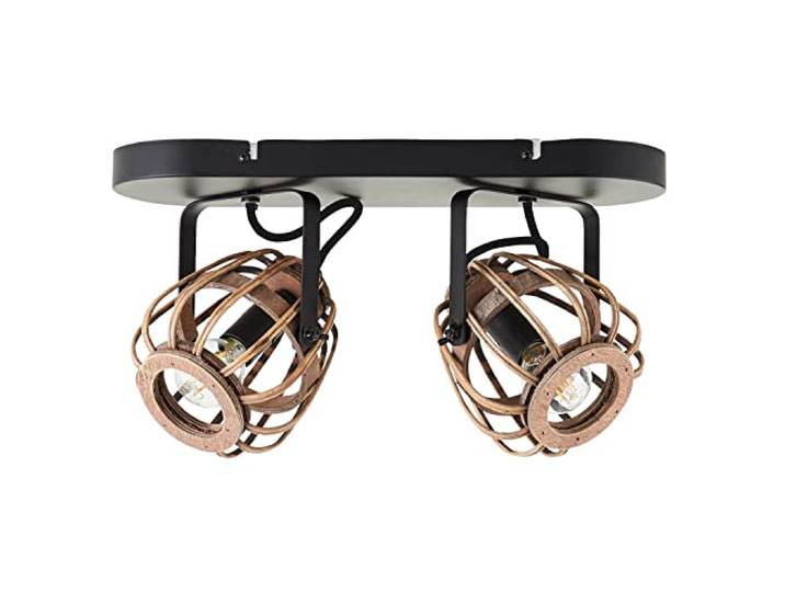 mokebo® Deckenlampe oder Boho Lampe mit Rattan 'Die Natürliche', vintage Deckenstrahler dimmbar mit 2 spots, schwarz mit Lampenschirm aus Rattan Holz, Korb, für Wohnzimmer & Schlafzimmer