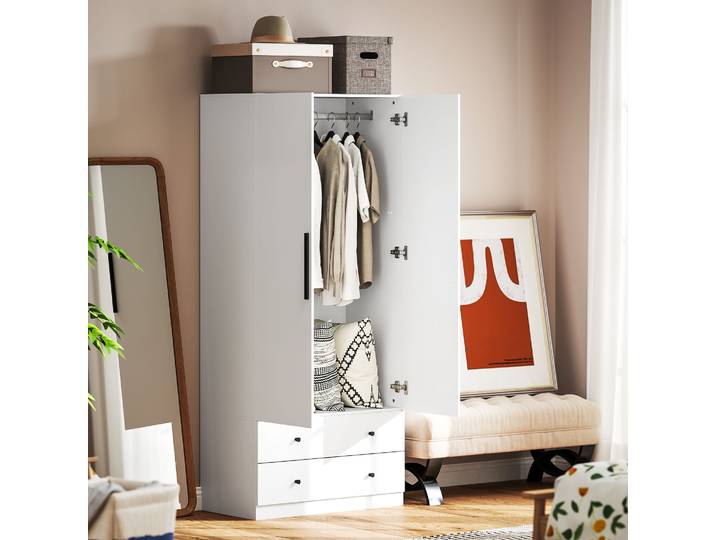 HOMCOM Armoire 2 Portes Blanc avec Tiroirs et Tringle