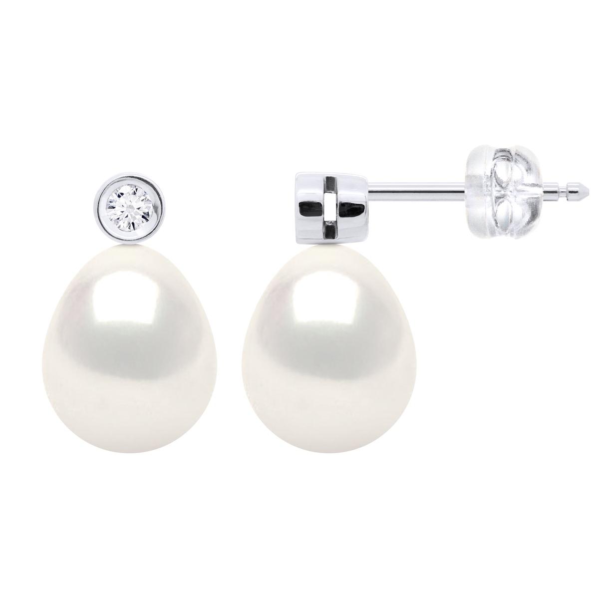 Oorbellen Prestige - Diamanten 0,02 Ct - Kwaliteit HSI - Wit Goud - Echte Cultiveerde Zoetwaterparels Parel 8-9 mm