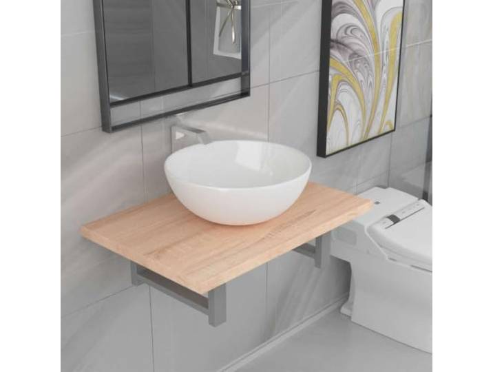 WEMYUFURN Badmöbel-Set 2-TLG. Keramik Waschbecken Eichenbraun Wandregal Ovalförmiges Waschbecken, Hochglanzbeschichtung, stabile Wandmontage, Halterungen inklusive, für Bad und Gäste-WC