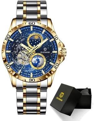 Inspired Finds GLENAW Rotating Earth Automatic Mechanical Watch Double Second Hand Men's Luxury Wristwatch With Starry Sky Dial And S gold Blue
