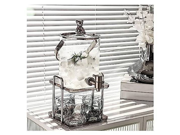 WYJRO Glaskaraffe,Getränkespender - Zapfhahn Aus Edelstahl Und Ständer Staubschutzhaube - Wasserspender Glasbehälter Für Kalte Getränke,Für Kalt & Heiß Wasser Eistee,Silver b,3L