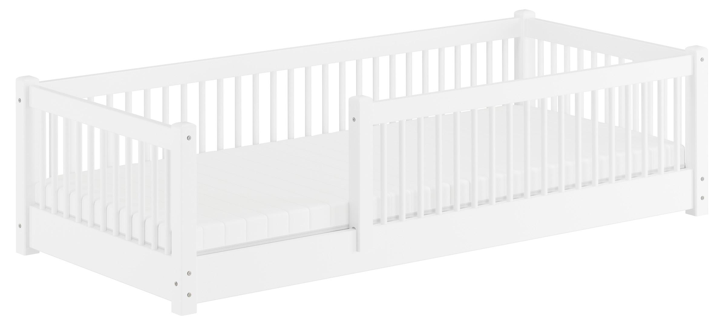 Kinderbett niedriges Bodenbett Kiefer weiß 90x200 Kleinkinder Laufstall ähnlich V-60.65W-09Rollrost und Matratze inkl.