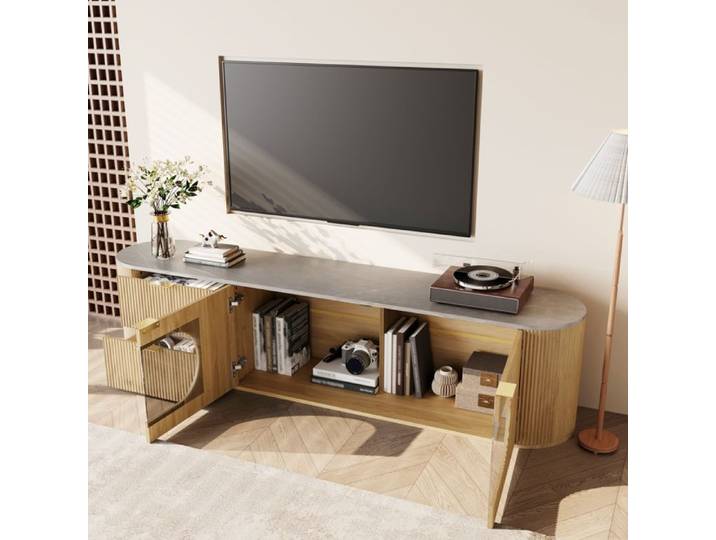 Meuble TV 172 cm avec Tiroirs Rangements et Vitrine Verre Gris - MEUNIQ - Effet Bois Naturel pour Salon 172×38×45 5 cm