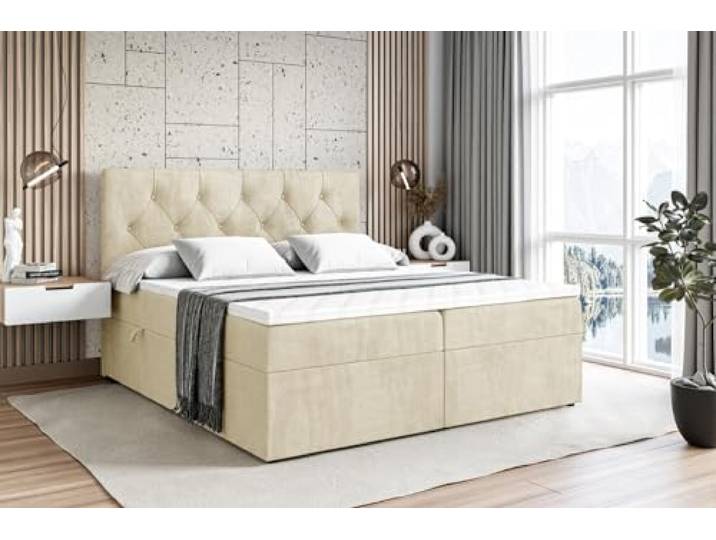 ALTDECOR Boxspringbett mit H4-Matratze Mirage - 160x200 - Beige Lattenrost, Topper, Boxspringbett mit Bettkasten, Bett mit Stauraum, Doppelbett, Polsterbett
