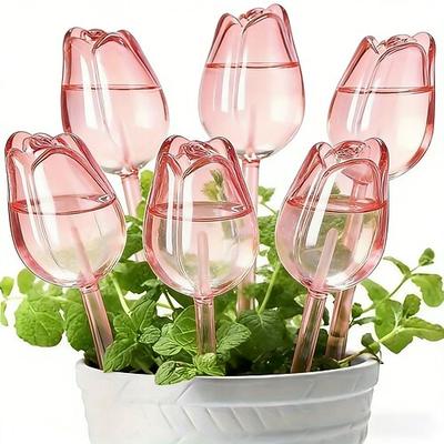 6 automatische, rosa Tulpen-Bewässerungsspitzen, selbstbewässerndes Bewässerungssystem für Topfpflanzen, Zimmerpflanzen, Setzlinge, Bewässerungsspitzen für Gärten, Rasenflächen und Blumenbeete im