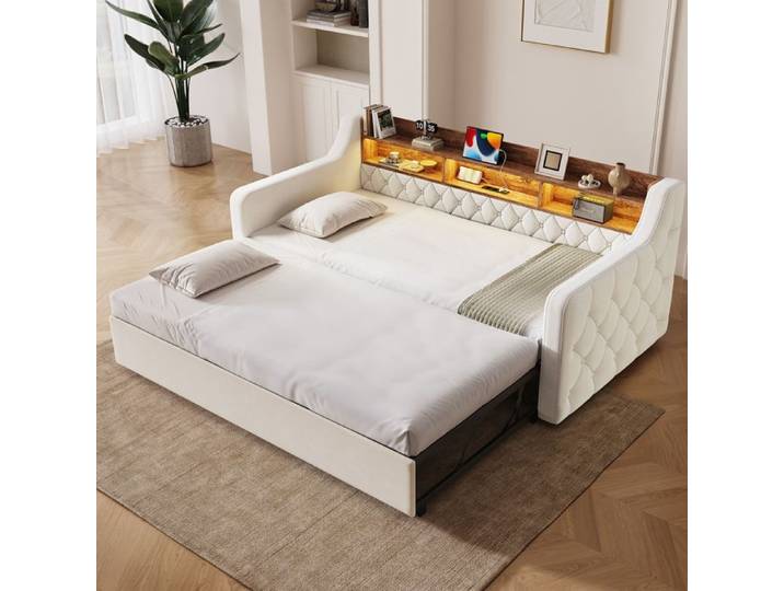 Canapé-lit gigogne - Dimensions 90x190 cm - Velours doux - Tête de lit avec rangement - Éclairage LED intégré