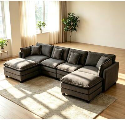 Loedds 149.61-Inch 4-Seat Chenille Modular Sectional Sofa with 2 Ottomans & Lumbar Pillows