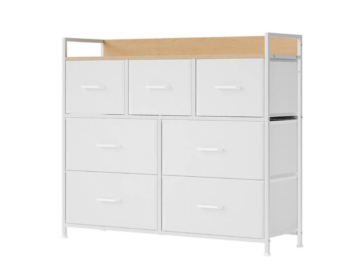 Ochama Commode, Meuble de rangement, Meubles de chambre, Cadre en métal, 7 tiroirs, Moderne, Blanc et chêne