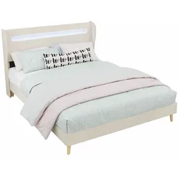 OKWISH Polsterbett 140x200 Stoff Metallrahmen Modern LED-Beleuchtung Verstellbare Rückenlehne Lattenrost Inklusive Schlafzimmer Beige