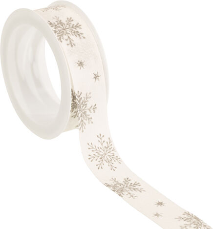 Stoffband "Schneeflocke", weiß-silber, 25 mm, 5 m