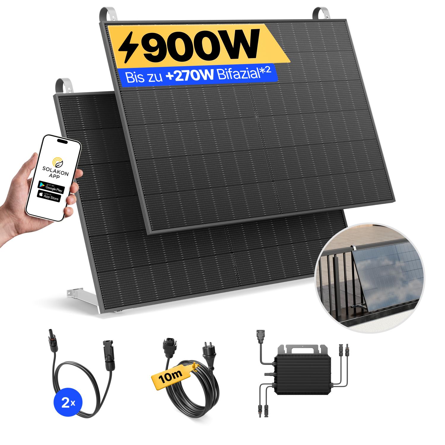 Balkonkraftwerk 900W Solaranlage mit Balkon Halterung Steckerfertig Komplettset Photovoltaik Anlage 800W, Kabellänge: 10m, Solakon - onLite