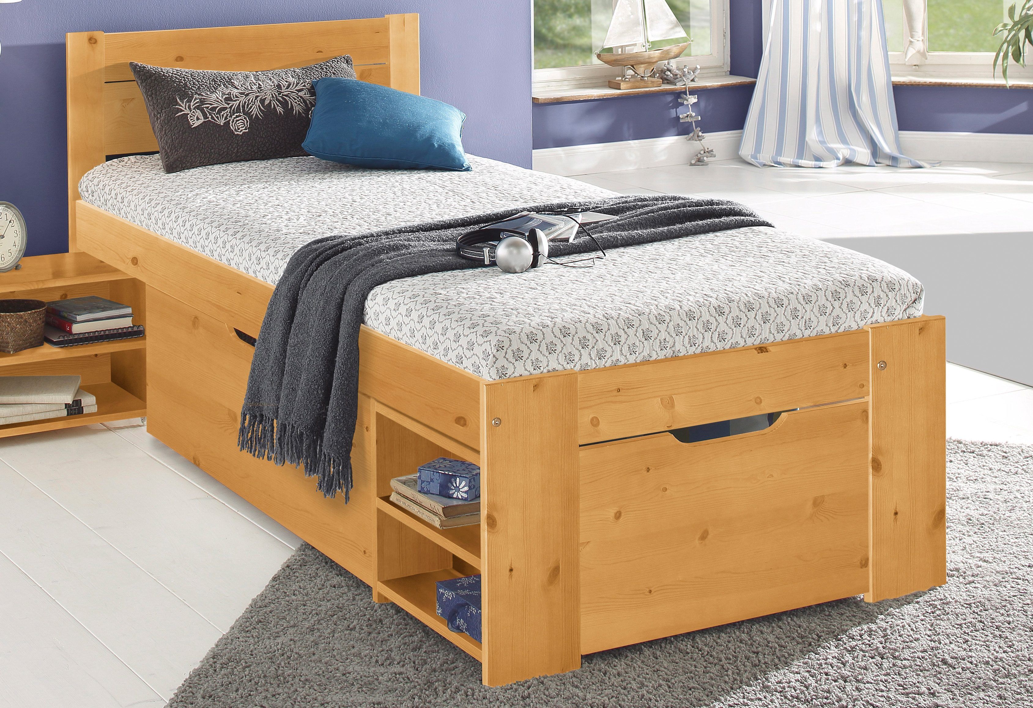 Massivholzbett GOODPRODUCT "HANNES " mit Schubladen und Regalen, Nachtschrank ausziehbar, stabil", braun (honig), B:96cm L:205cm, Betten, Massivholzbett, FSC-zertifiziertes Kiefernholz, ideal für kleine Räume honig Liegefläche Länge B: 200cm x 90cm, ohne 