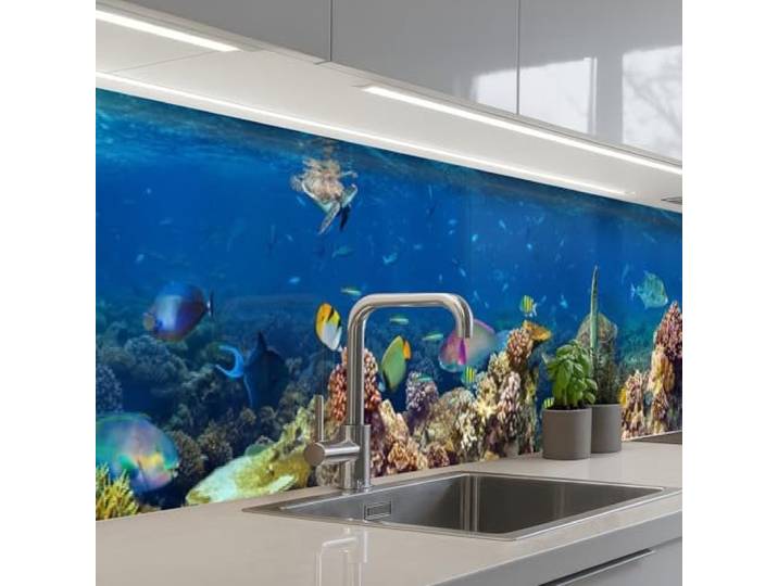 KitchenYeah© Spritzschutz Küche Küchen Rückwand Küchendeko Wand Wandschutz 60x500 cm - Selbstklebend Backsplash Kitchen Peel And Stick Unterwasserlandschaft - Fische - Schildkröte - Blau