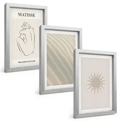 BILDER SET 3er Set - 20x30 cm Silberner Rahmen - Minimalistische Sandlinien Sonne