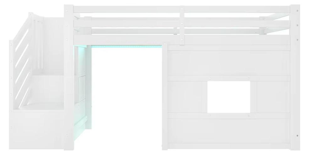 Platzsparendes Hochbett - Etagenbett - 90 x 200 cm - Treppe mit Stauraum - Dekoratives Fensterdesign - Holz - Weiß