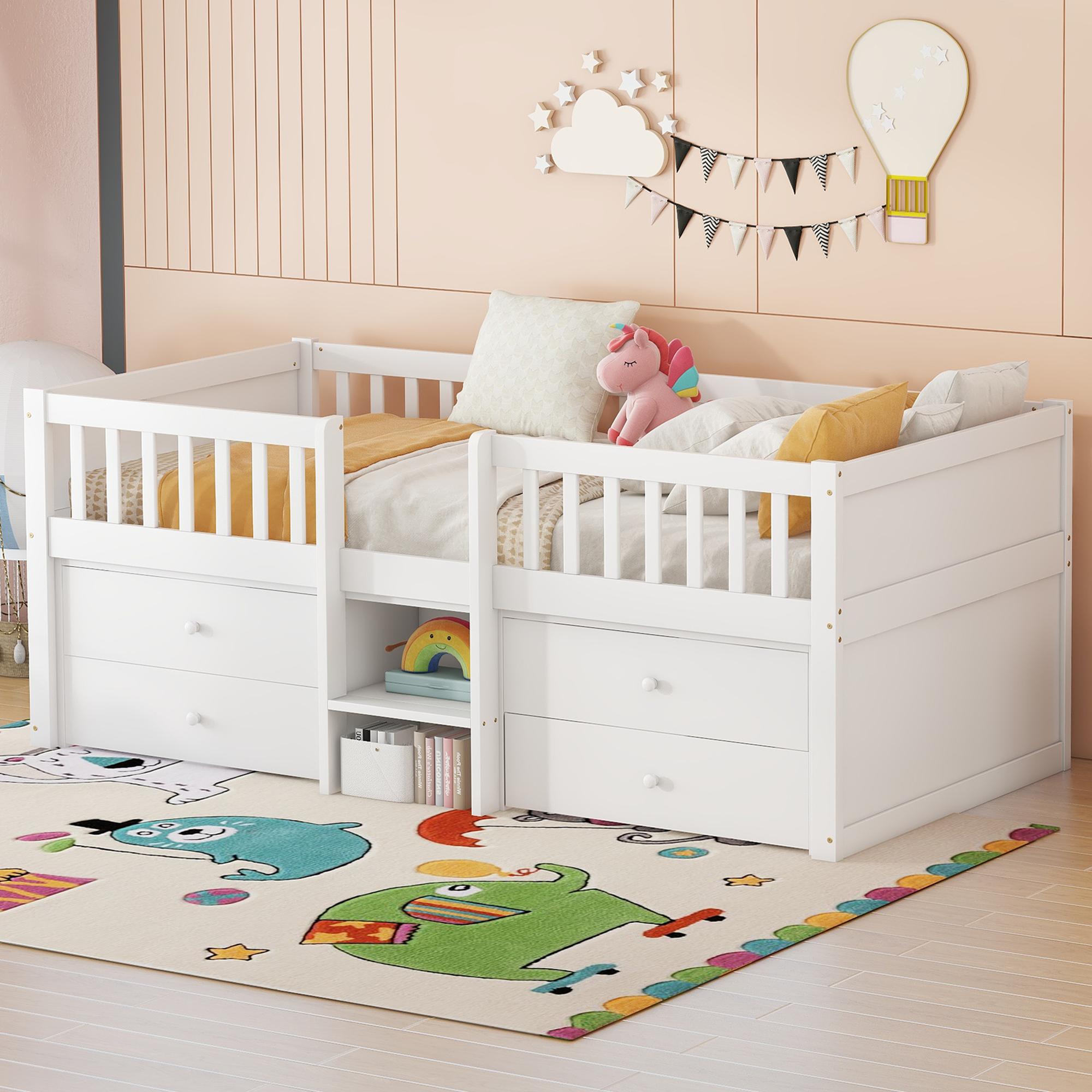 Merax Hochbett, Halbhohes Bett 90x200 cm, mit 4 Schubladen, Sicherheitsgeländer & Leiter, Kinderbett, Jugendbett, ohne Matratze, Weiß