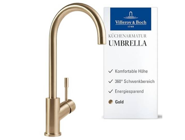 Villeroy & Boch Umbrella Küchenarmatur, Auslaufhöhe 275 mm – Gold Energiesparende Kaltstart-Funktion, 360° Schwenkbereich, wassersparend, Hochdruck, 92530003