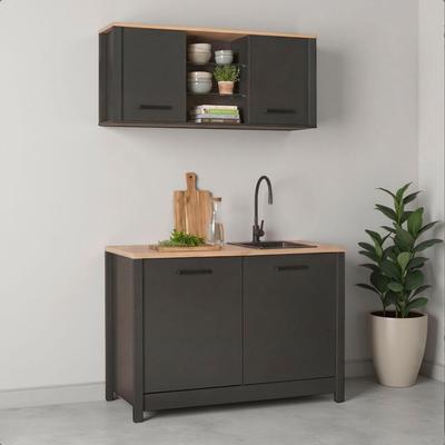 Pantryküche INTER LINK "Pienza, Miniküche, Singleküche, Einbauküche, Kochnische", schwarz (küche: grau, front: anthrazit, korpus: anthrazit, eiche artisan nachbildung, arbeitsplatte: eiche artisan nachbildung), B:130cm H:92cm T:60cm,...