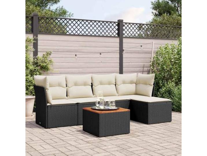 RJPLMFV Gartenmöbel, 6-teilig, Schwarz, Kunstharz, geflochten Akazientisch, integrierte Aufbewahrung, vielseitiger Sitzsack, modulares Design