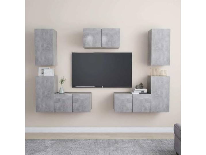 HEFZGDB 7-TLG. TV-Schrank-Set Betongrau Holzwerkstoff mit Wandmontage und reichlich Staufächern für Aufbewahrung und Organisation