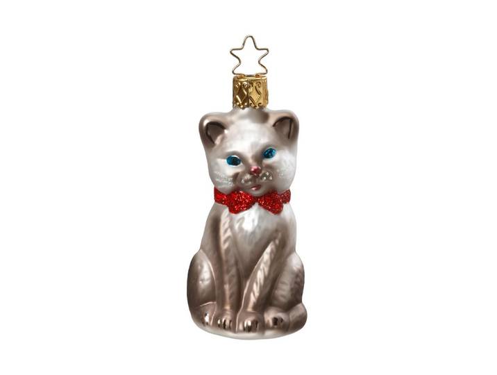 Weihnachtsbaumkugel INGE-GLAS Katze Grau 45054 cm, Beige/Rot , rot (beige, rot), H:8,5cm, Glas, Weihnachtsbaumkugeln, Weihnachtsbaumkugel