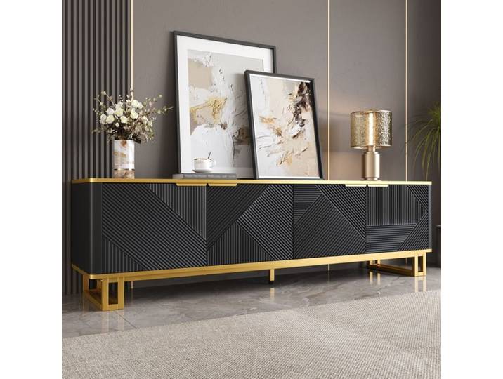 Meuble TV quatre portes meuble bas panneau TV texture géométrique design contemporain unique structure en fer noir 160 cm