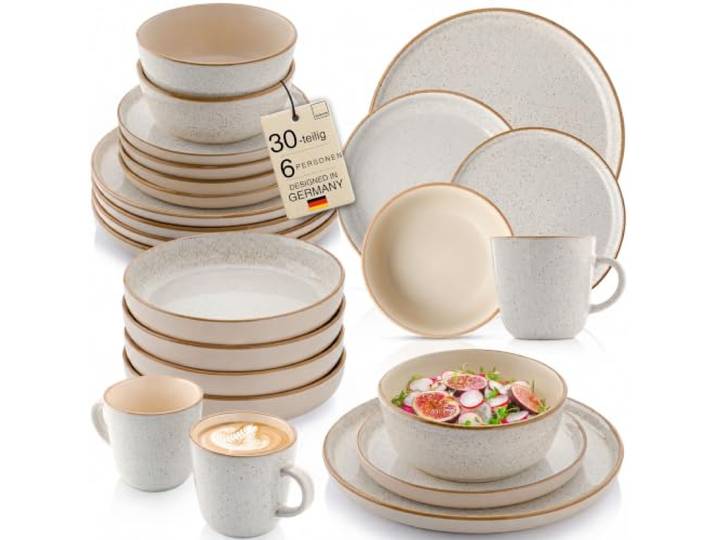 SÄNGER Rio Creme Geschirrset 6 Personen, 30-tlg. Steingut Teller Set Beige Kombiservice mit Pastateller, Frühstücksteller, Speiseteller & Kaffeebecher, spülmaschinen- & mikrowellengeeignet, kratzfest