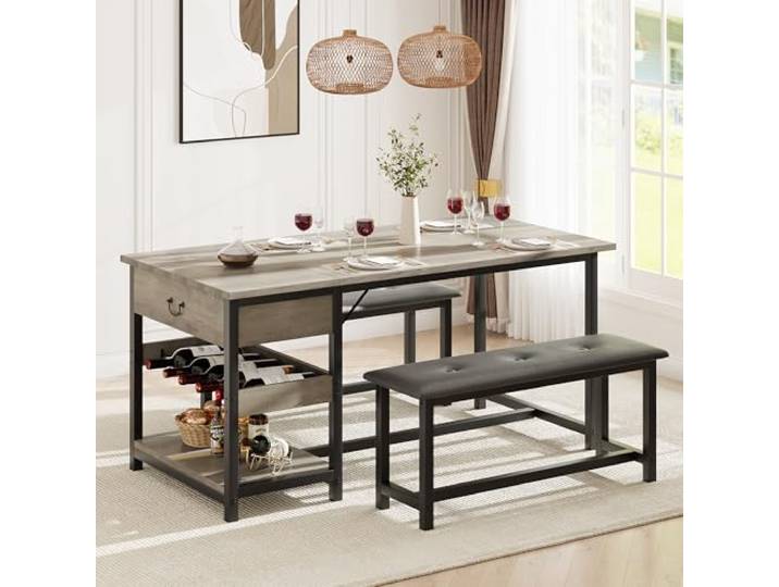 Esstisch Set 3-Teilig, Esszimmertisch Mit 2 PU Gepolsterte Banken Esszimmergruppe Für 4 Personen Rechteckig Küchentisch-Set, Mit 1 Ablagen&1Weinregal&Geschirrschubladen Für Wohnzimmer, Esszimmer, Grau