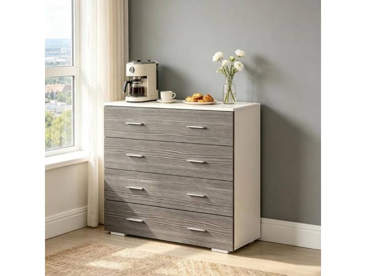 Commode - ZEVKOR - Commode 4 Tiroirs - Gris et blanc - 76×35×72 cm - Panneaux de particules E1
