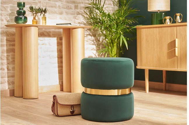 Miliboo Runder Samtpouf in Dunkelgrün mit goldenem Metall D40 cm JOY